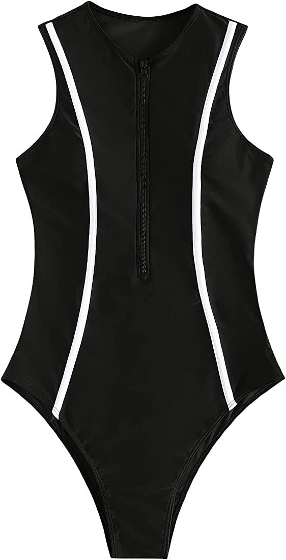 SweatyRocks Women's Half Zip Monokini Tummy Control Swimsuit One Piece Bathing Suit | Amazon (US)