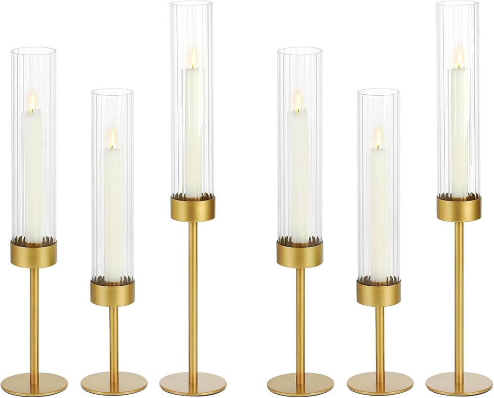 Glass Hurricane Candle Holders Set (6pcs)-Gold Metal Base Taper Candle Stick Holders for Candlest... | Amazon (US)