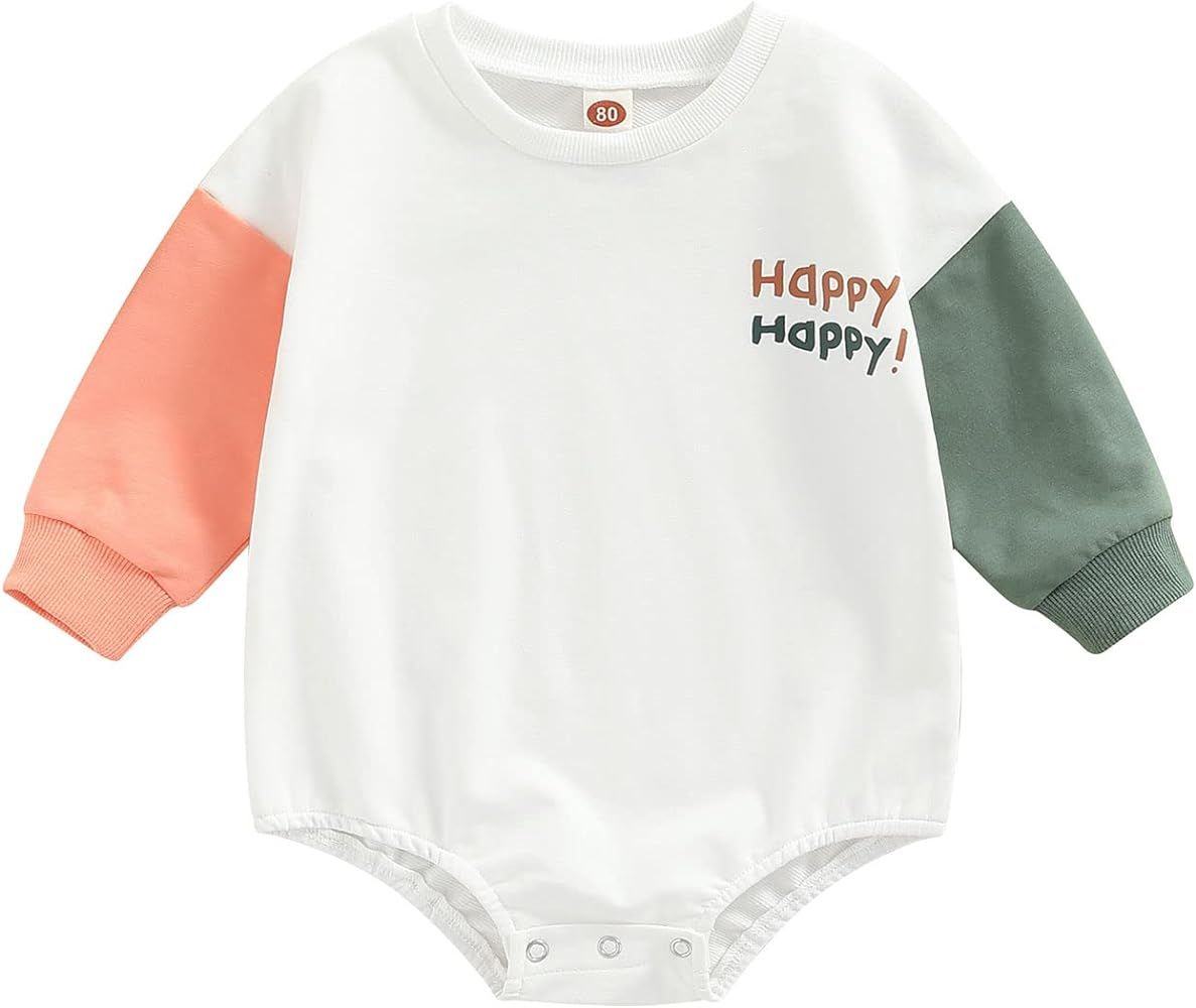 Lamuusaa Baby Girl Boy Crewneck Sweatshirt Romper Long Sleeve Color Block Bodysuit Oversized Swea... | Amazon (US)