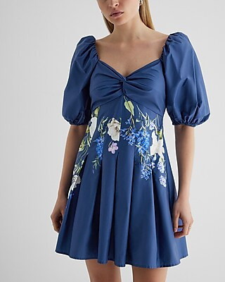 Floral Twist Front Puff Sleeve Pleated Mini Dress | Express