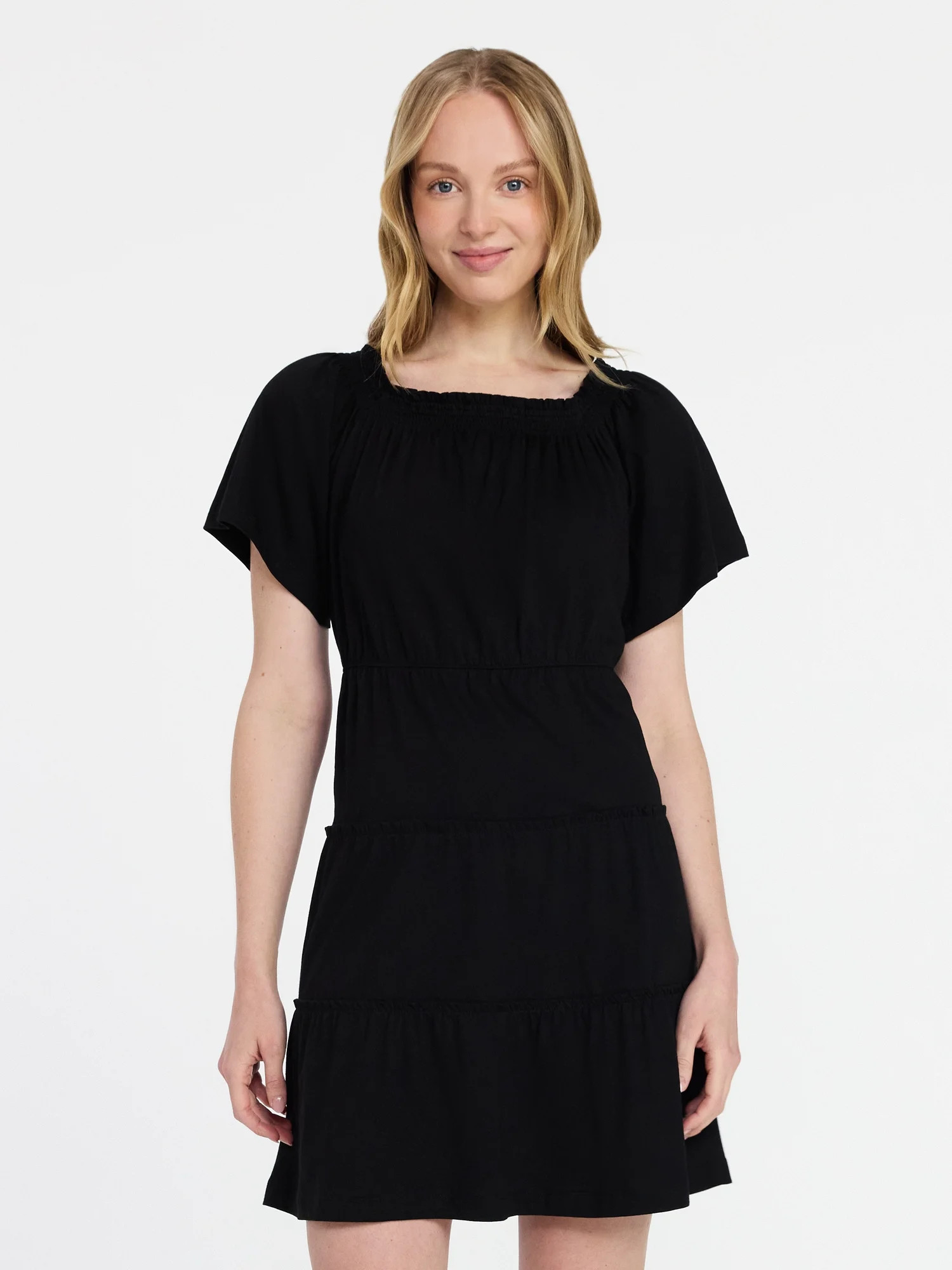 Time and Tru Women's Tiered Cotton Mini Dress with Flutter Sleeves, Sizes XS-XXXL | Walmart (US)