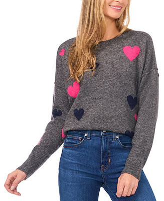 CeCe Women's Valentine's Crewneck Heart-Print Long-Sleeve Sweater - Macy's | Macy's