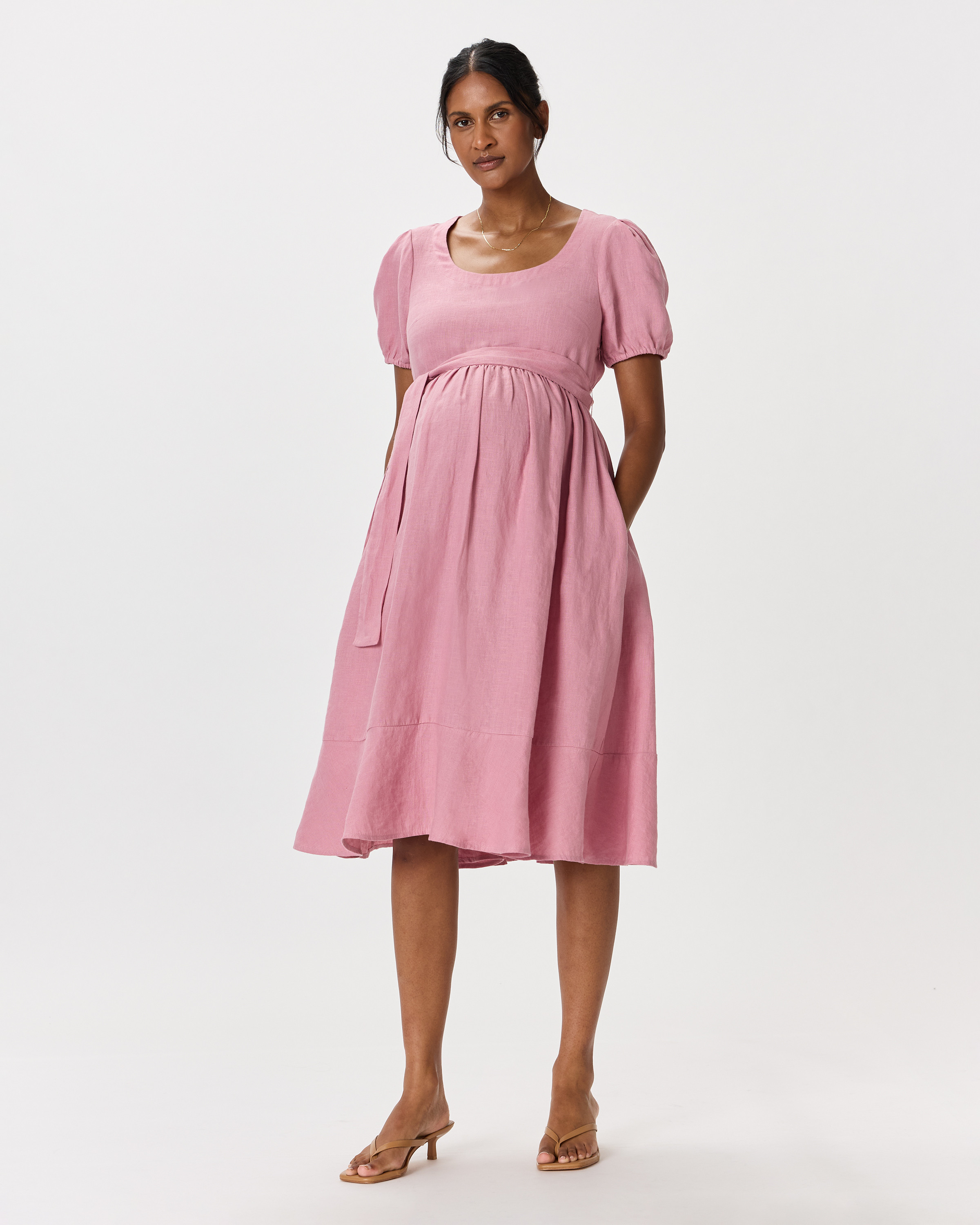 Quince | Women's 100% European Linen Maternity Short Sleeve Midi Dress in Terracotta, Size XL, Tencel | Quince