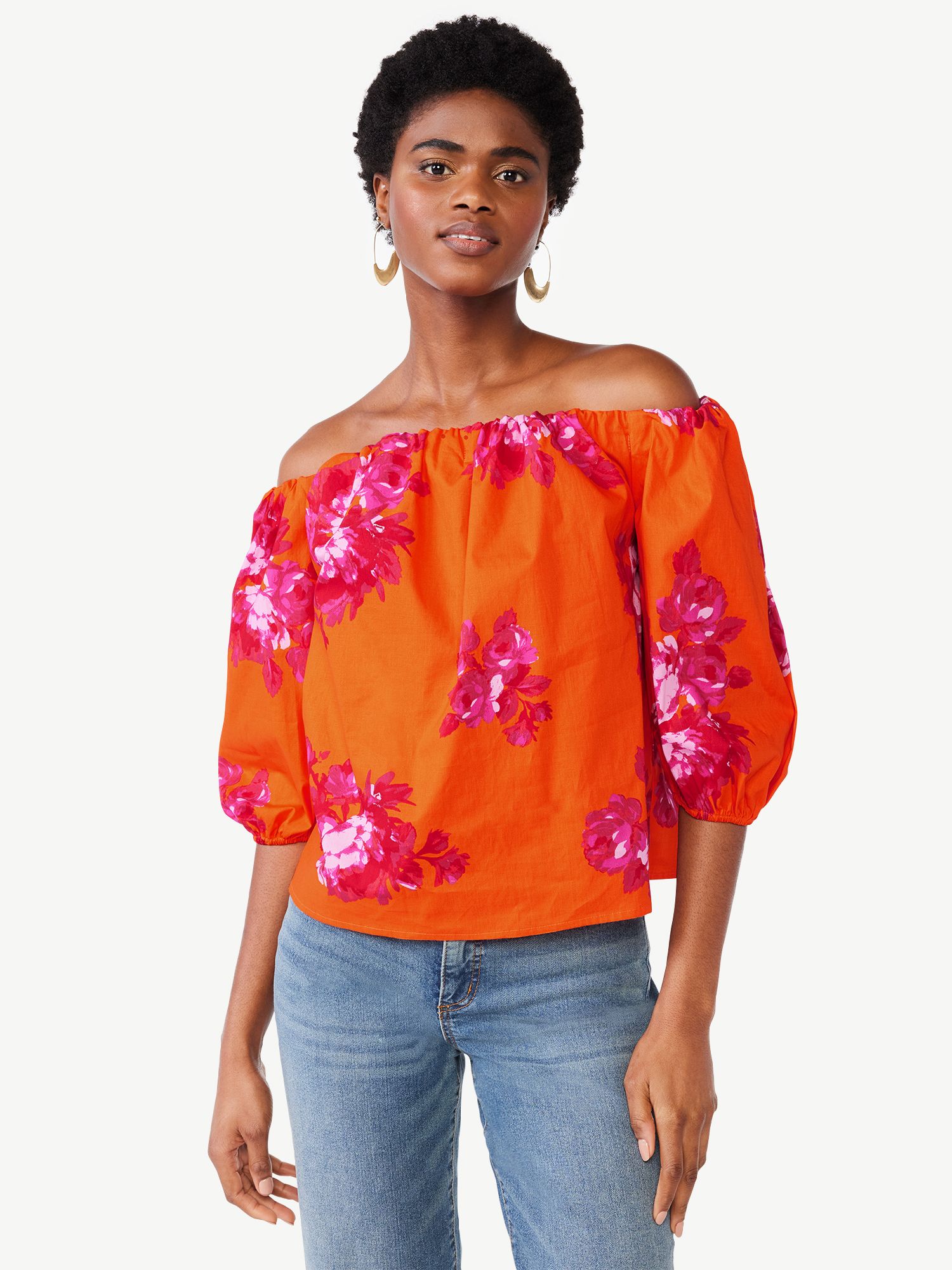 Scoop Women's Off the Shoulder Poplin Top with Puff Sleeves, Sizes XS-XXL | Walmart (US)