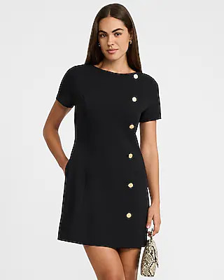 Express Women's Boat Neck Cap Sleeve Novelty Button Front Mini Dress in Black Large | Express