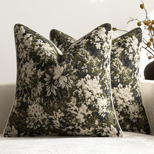 DEZENE Pack of 2 Vintage Floral Throw Pillow Covers 18x18 Boho Farmhouse Accents Chenille Square Decorative Pillow Cases for Living Room Couch Bed Home Decor, Olive Green | Amazon (US)