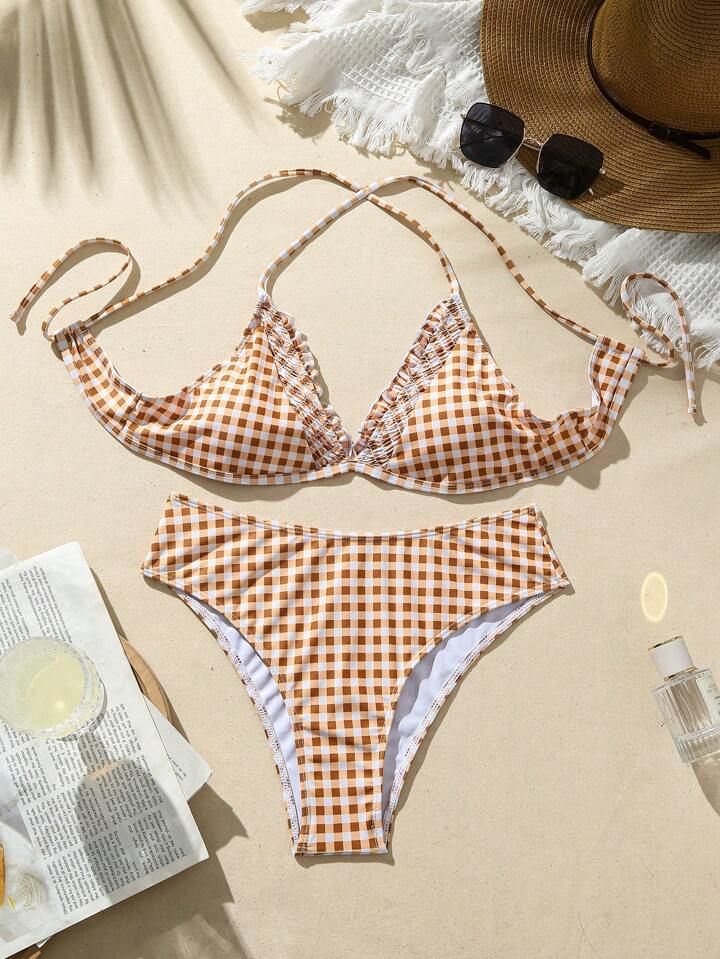 SHEIN SHEIN Swim Mod Women's Yellow Checkered Bikini With Spaghetti Strap And Separated Bathing S... | SHEIN