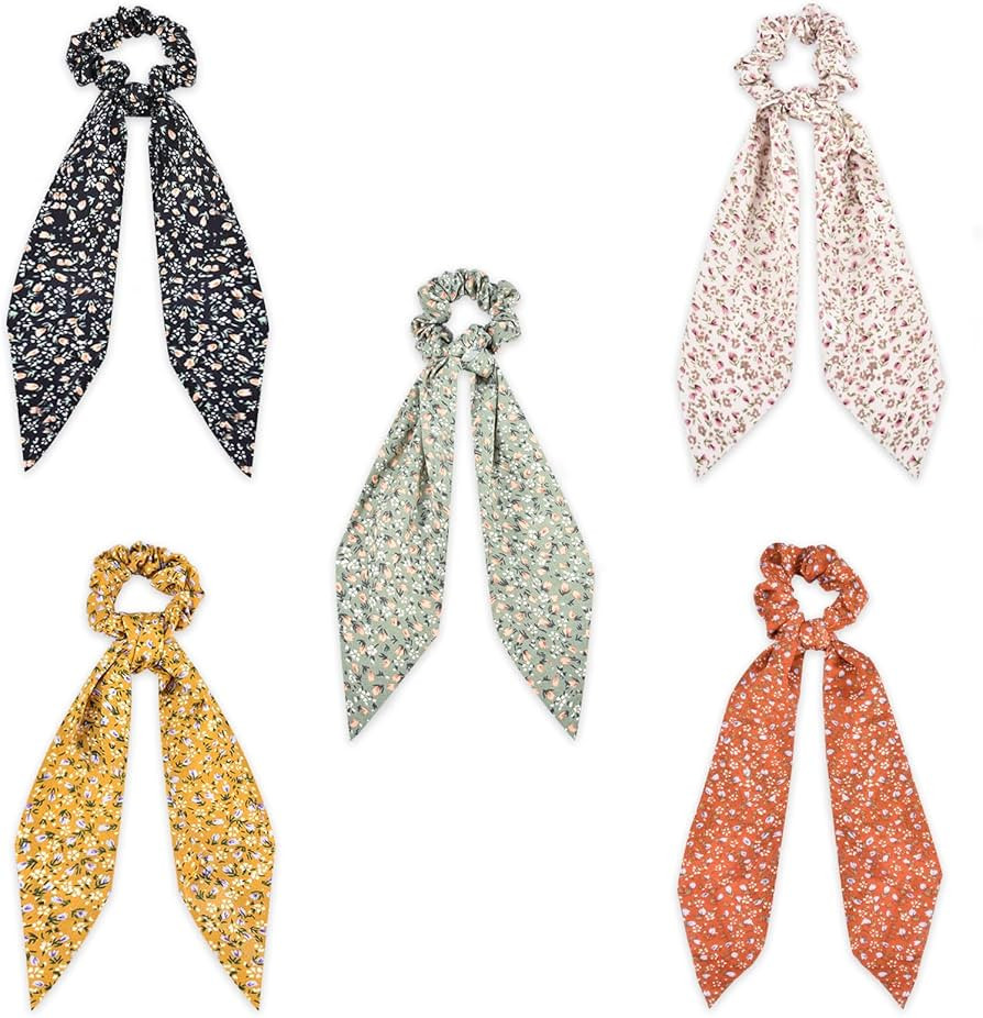 5-Piece Chiffon Classic Floral Bowknot Hair Ties, Elegant Hair Scarf Scrunchies Long Ribbon Ponyt... | Amazon (US)