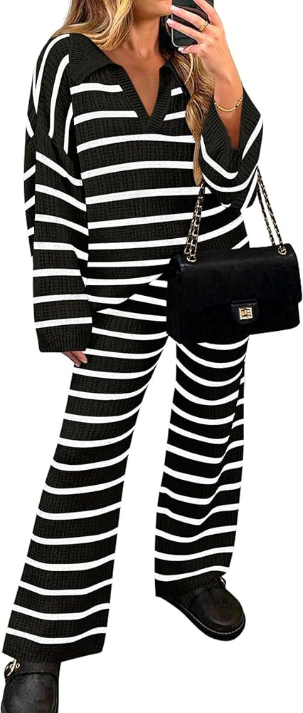 ZESICA Women's 2 Piece Sets Fall Casual Striped Long Sleeve V Neck Knit Sweater Tops and Wide Leg... | Amazon (US)