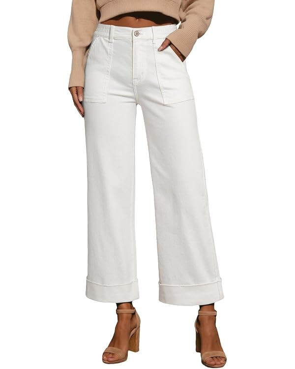 EVALESS Womens High Waist Wide Leg Jeans Trendy Cropped Denim Pants Solid Ankle Length Stretchy J... | Amazon (US)