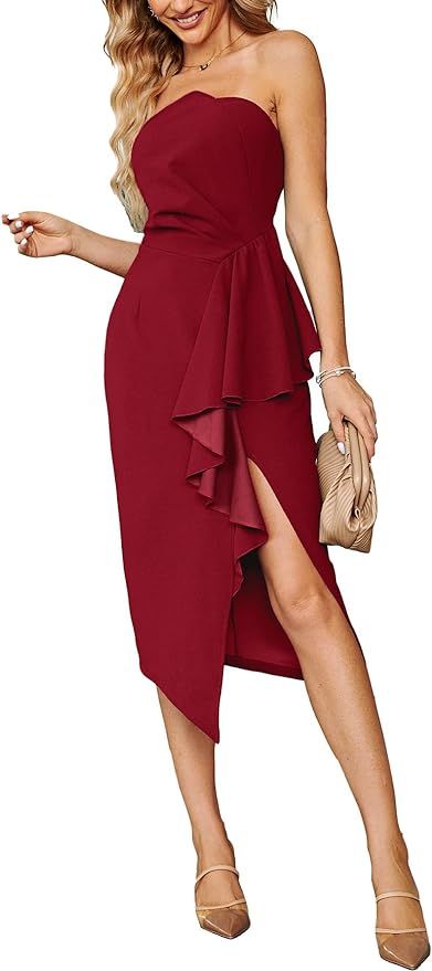 Simplee Women‘s Sexy Elegant Strapless Cocktail Midi Dress Fall Wedding Guest Ruffle Ruched Bod... | Amazon (US)