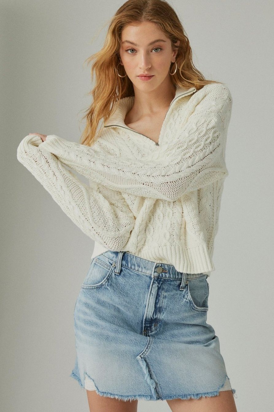 cable zip mock neck sweater | Lucky Brand