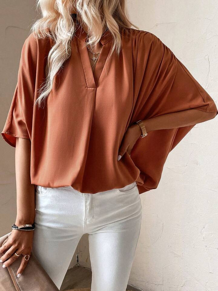 SHEIN LUNE Notched Neck Batwing Sleeve Blouse | SHEIN