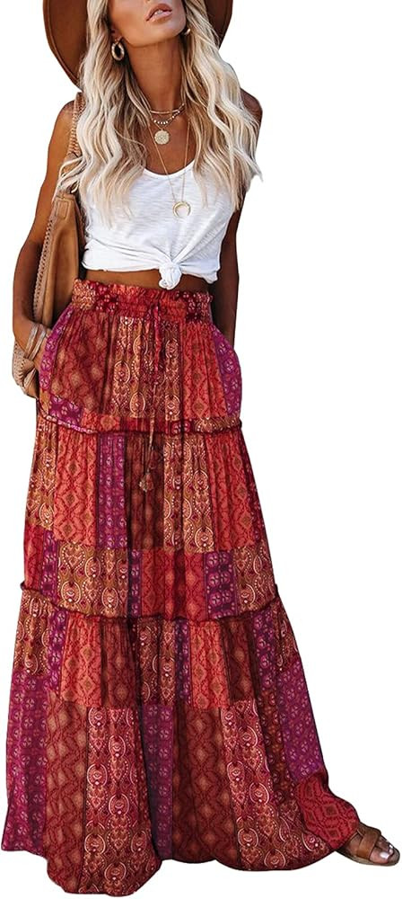 Happy Sailed Womens Floral Print Boho Maxi Skirt Elastic High Waist Pleated Ruffle Flowy Long Ski... | Amazon (US)