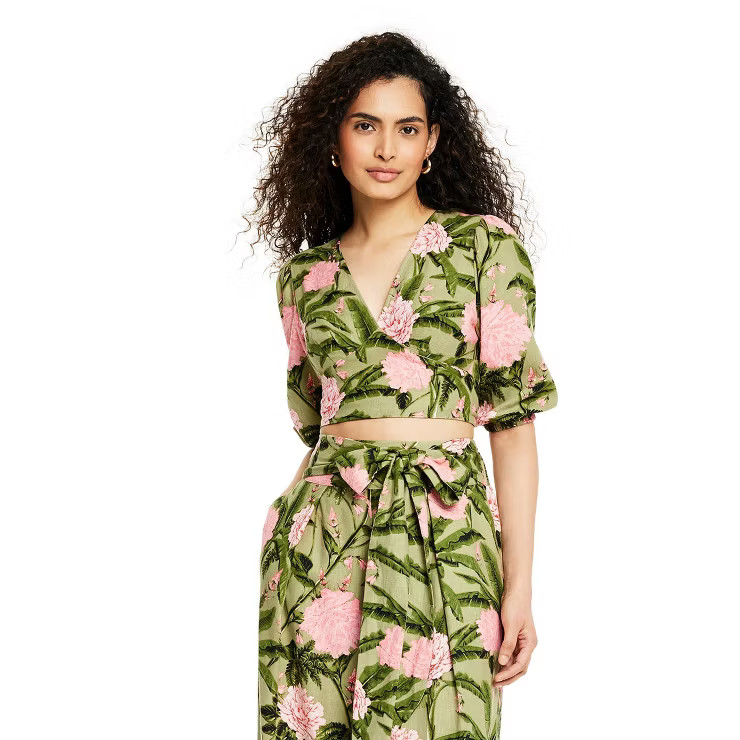 Women's Large Peony Print Tie Wrap Top - Agua Bendita x Target Dark Olive/Blush | Target