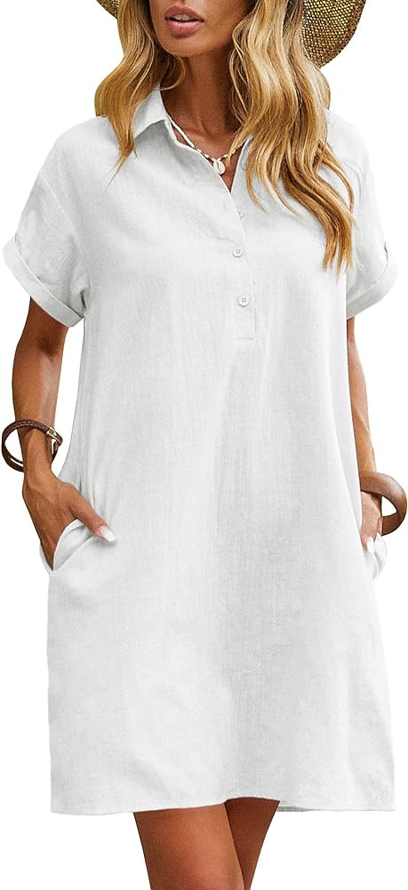 Zeagoo Womens Cotton Shirt Dress Summer Casual Short Sleeve Button Down Beach Cover Up Shirts wit... | Amazon (US)
