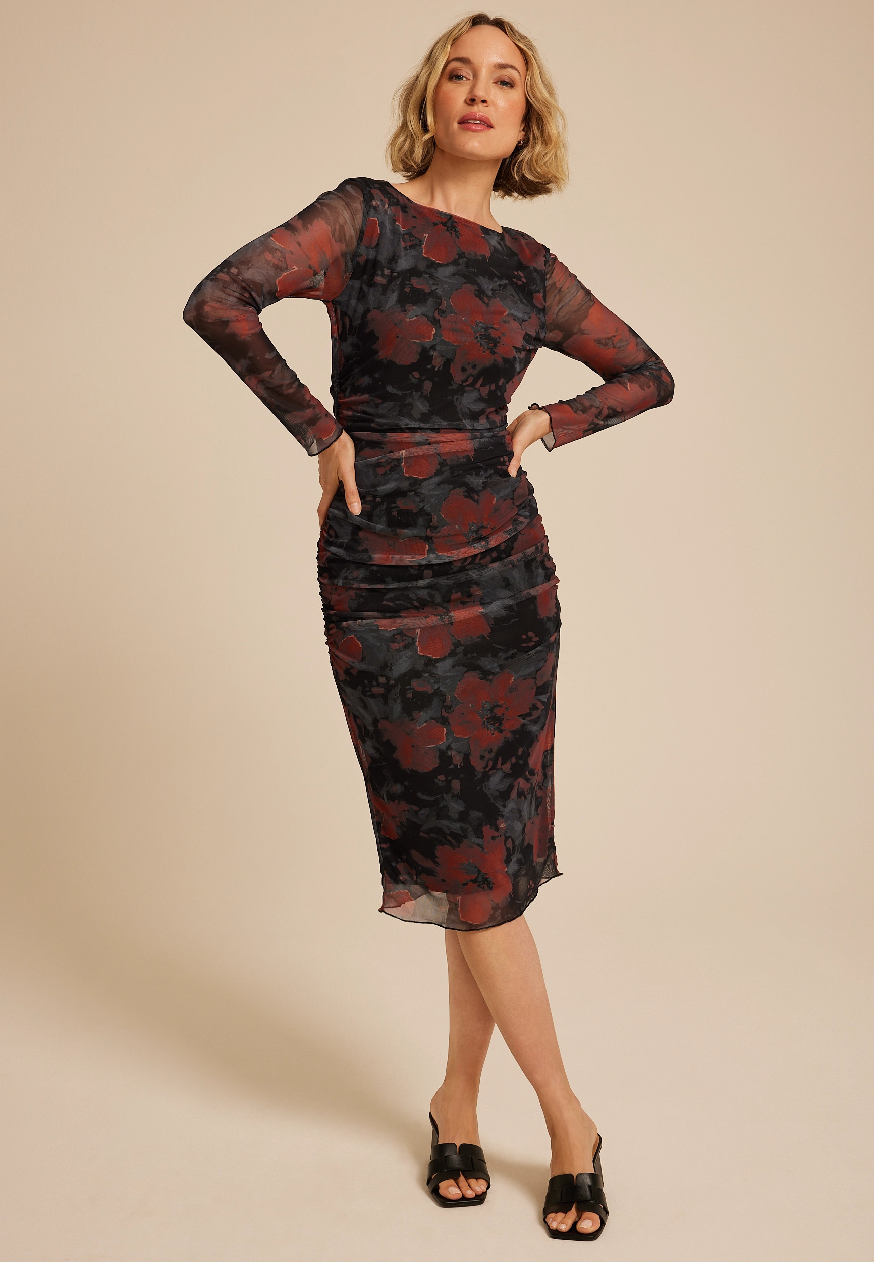 Maurices Women's Mesh Floral Long Sleeve Midi Dress | Maurices