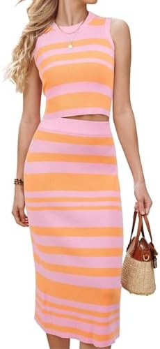 Arach&Cloz Women's Non See Through 2 Piece Sets Tank Top and Midi Skirt Knit Outfits | Amazon (US)