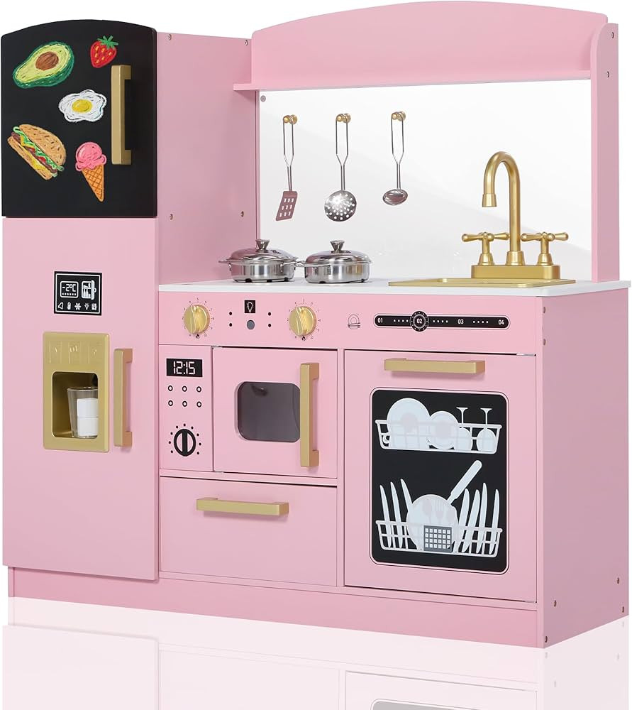 Pretend Kitchen Playset for Kids, Interactive Play Kitchen Wooden Toy Set w/Realistic Design, Sin... | Amazon (US)