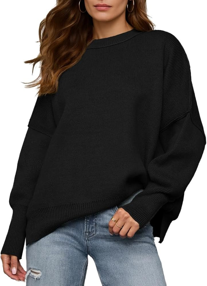 Womens Crewneck Batwing Long Sleeve Sweaters Fall 2025 Oversized Side Slit Ribbed Knit Sweaters P... | Amazon (US)