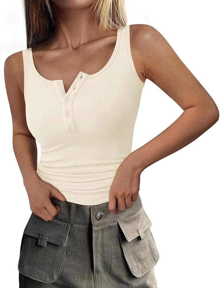 PRETTYGARDEN Womens 2025 Summer Tank Tops Ribbed Knit Slim Fit Sleeveless Henley Shirts Casual Ba... | Amazon (US)