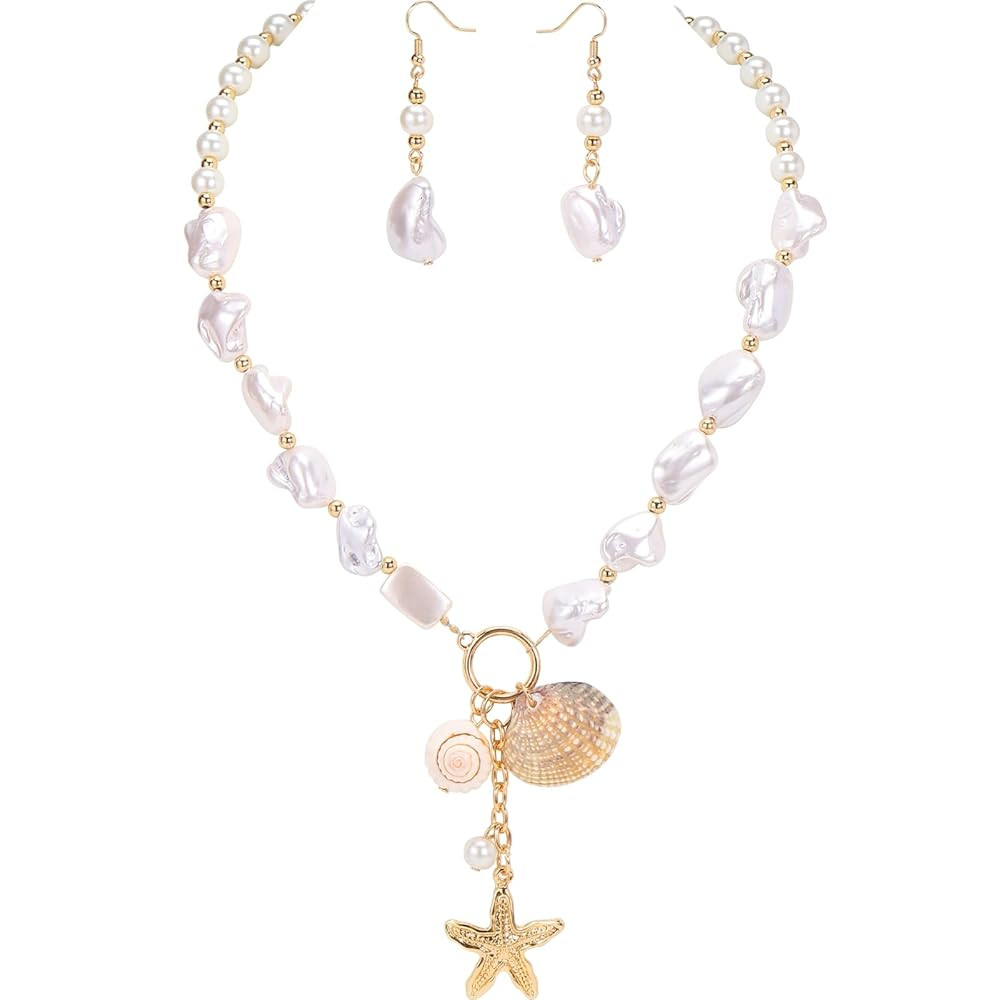 Coiris Natural Seashell Choker Necklaces Earrings Jewelry Set for Women Starfish Shell Freshwater... | Amazon (US)