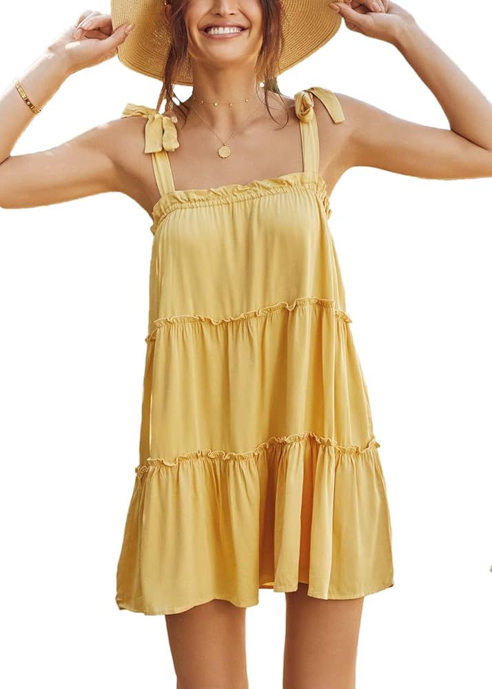 PffLook Women's Solid Bow Spaghetti Strap Patchwork Ruffle Loose Mini Dress | Amazon (US)