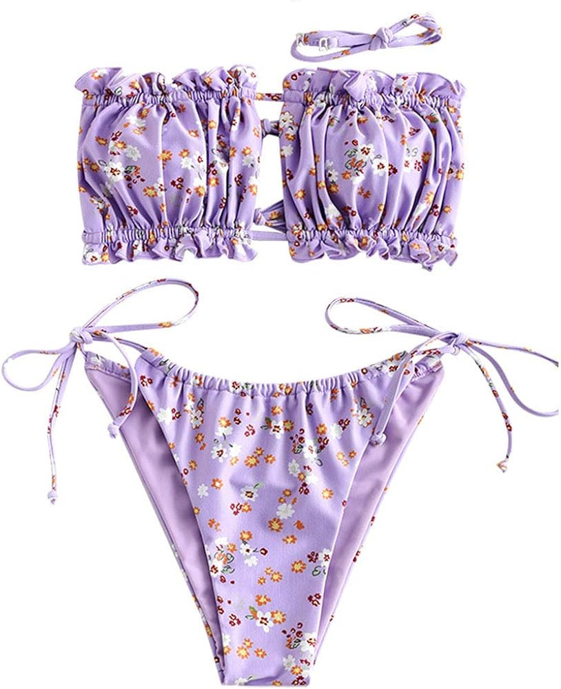ZAFUL Women's Strapless Ribbed Tie Back Ruffle Cutout Bandeau Bikini Set Swimsuit | Amazon (US)