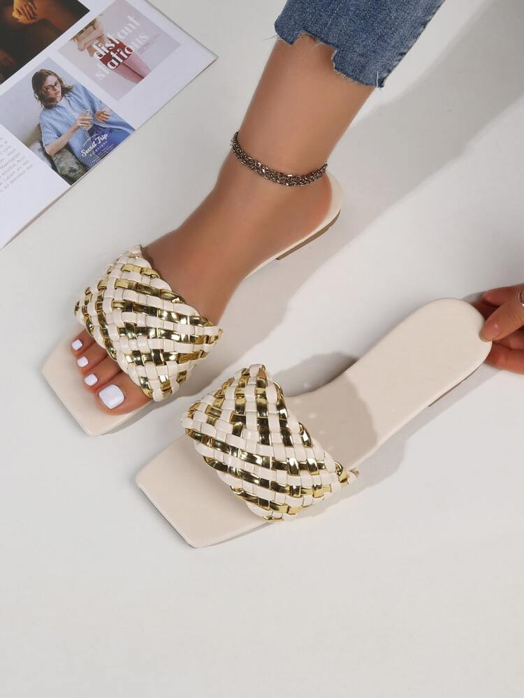 Metallic Braided Detail Slide Sandals | SHEIN