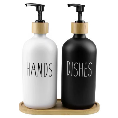 BRINJOY Modern Glass Soap Dispenser Set with Bamboo Tray, Black & White Hand and Dish Soap Dispenser for Kitchen & Bathroom, BPA-Free Pump | Target