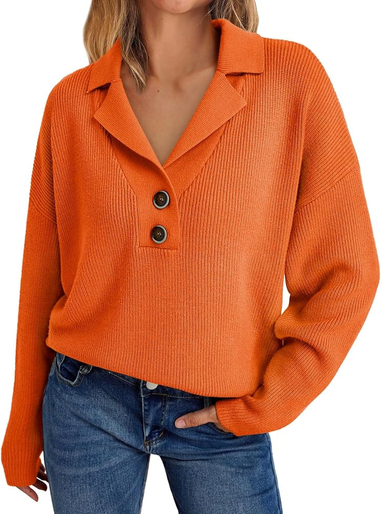 LILLUSORY Women's Snap-Buttons Foldover Collar Henley Knitted Pullover Sweater Tops | Amazon (US)