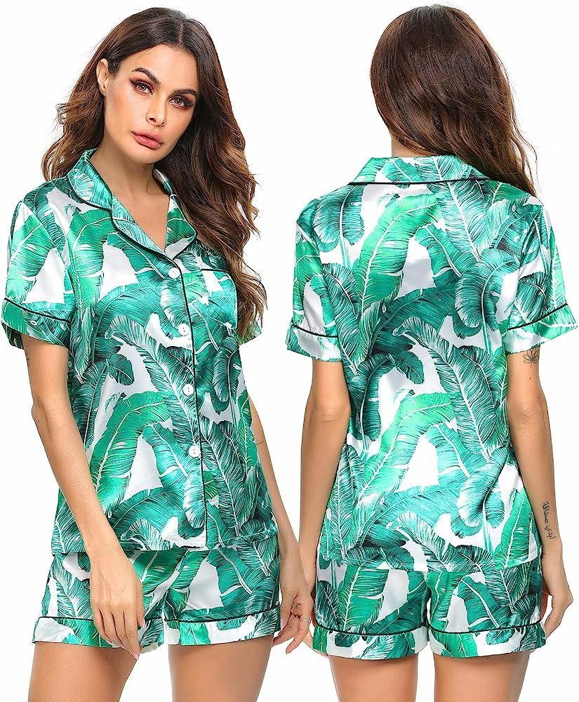 LecGee Womens Silk Satin Pajamas Short Sleeve Loungewear Two-Piece Sleepwear Button-Down Pj Set | Amazon (US)