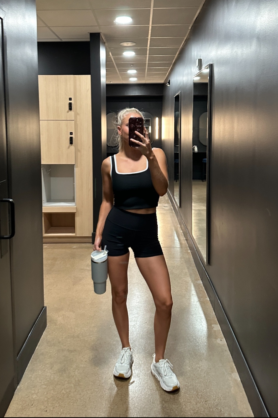 Workout outfit: small in shorts, medium in tank, true size in hoka sneakers 