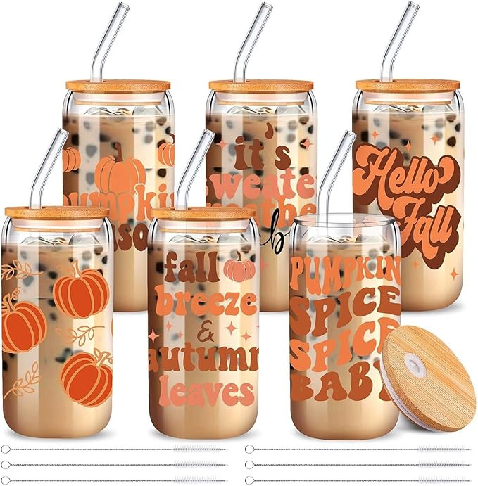6 Pcs Fall Drinking Cups 16 oz Pumpkin Glass with Bamboo Lid and Glass Straw Autumn Maple Leaves ... | Amazon (US)