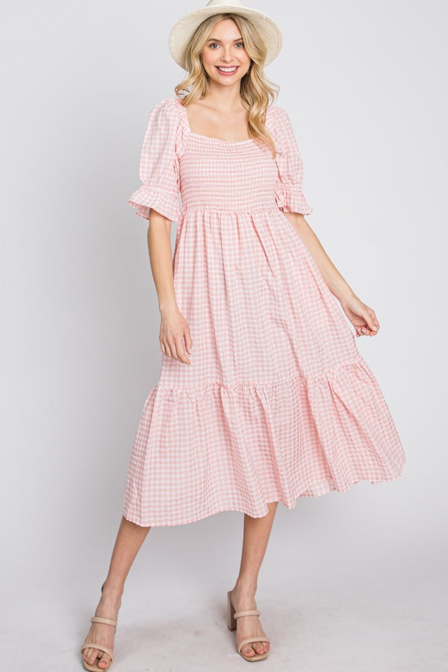 Pink Gingham Smocked Square Neck Puff Sleeve Midi Dress | PinkBlush Maternity