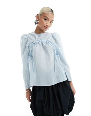 Ghospell ruched bow top in dusty blue | ASOS (Global)