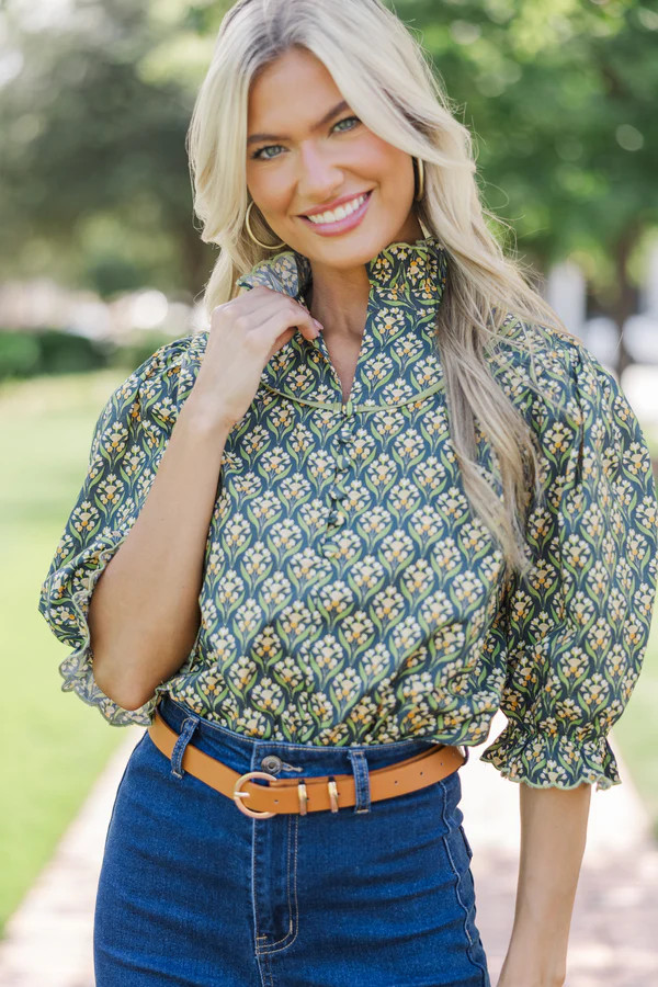 Keep It Up Navy Blue Medallion Ruffled Blouse | The Mint Julep Boutique