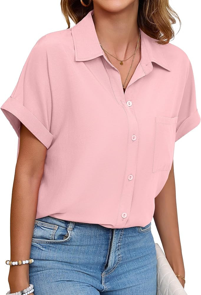 Womens Button Down Shirt Casual Short Sleeve Collared Work Blouse with Pocket | Amazon (US)