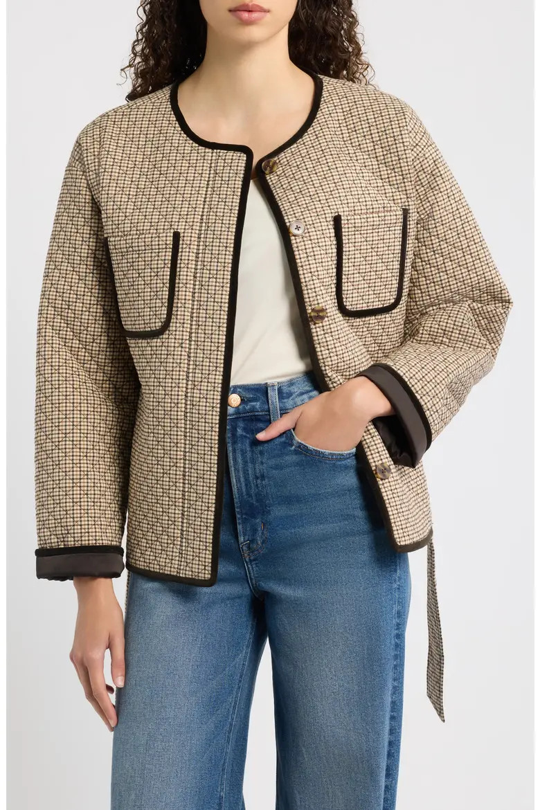 Hill House Home Barrow Quilted Houndstooth Topper Jacket in Caramel Houndstooth at Nordstrom, Size Xx-Small | Nordstrom