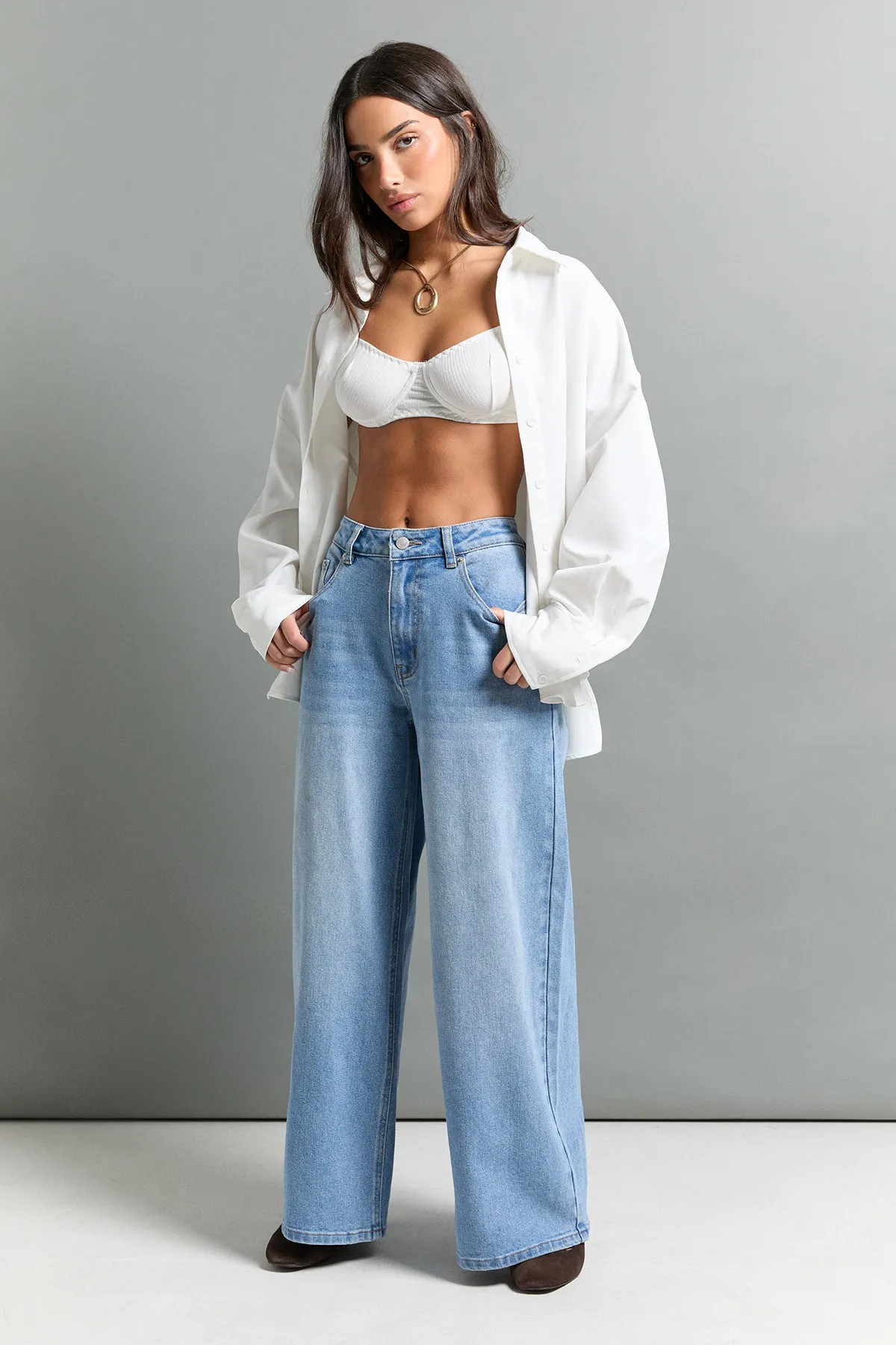 Mid Blue The Petite Mid Waist Wide Leg Jean | Boohoo USA | boohoo (US & Canada)
