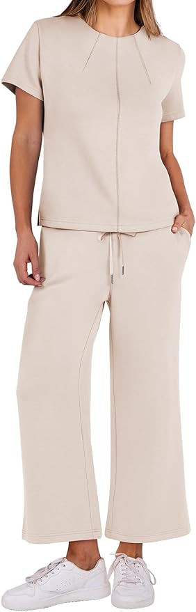 ANRABESS Women's 2 piece Outfits Lounge Sets Summer Casual Short Sleeve Tops Wide Leg Pants Sweat... | Amazon (US)