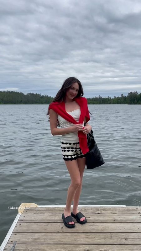 Crochet shorts, black and white shorts, lake day look, summer outfits, red sweater, tube top

#LTKVideo #LTKFindsUnder50 #LTKStyleTip