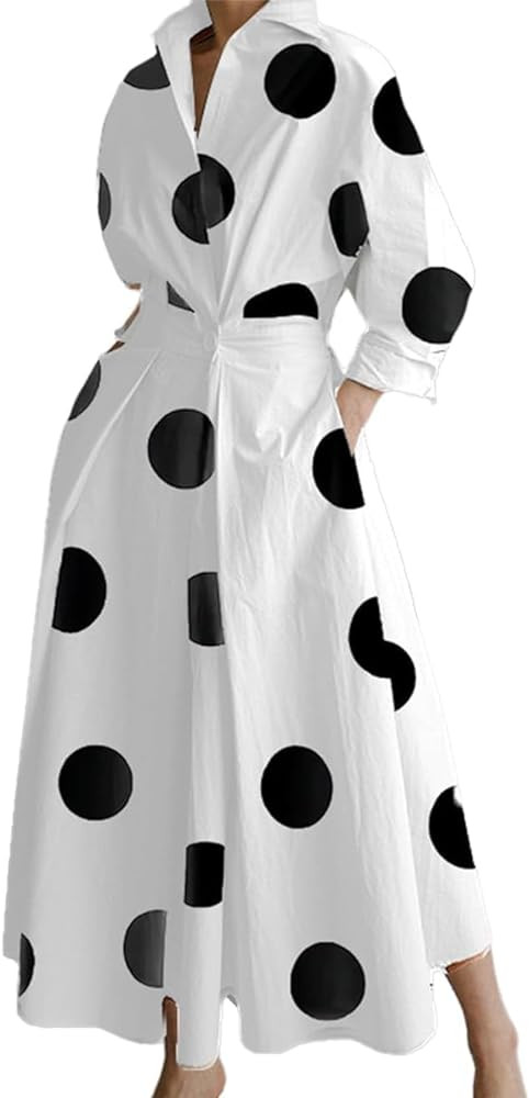 Womens Cotton Button Down Maxi Tshirt Dress Ladies Collared Lapel Long Sleeve Dresses | Amazon (US)