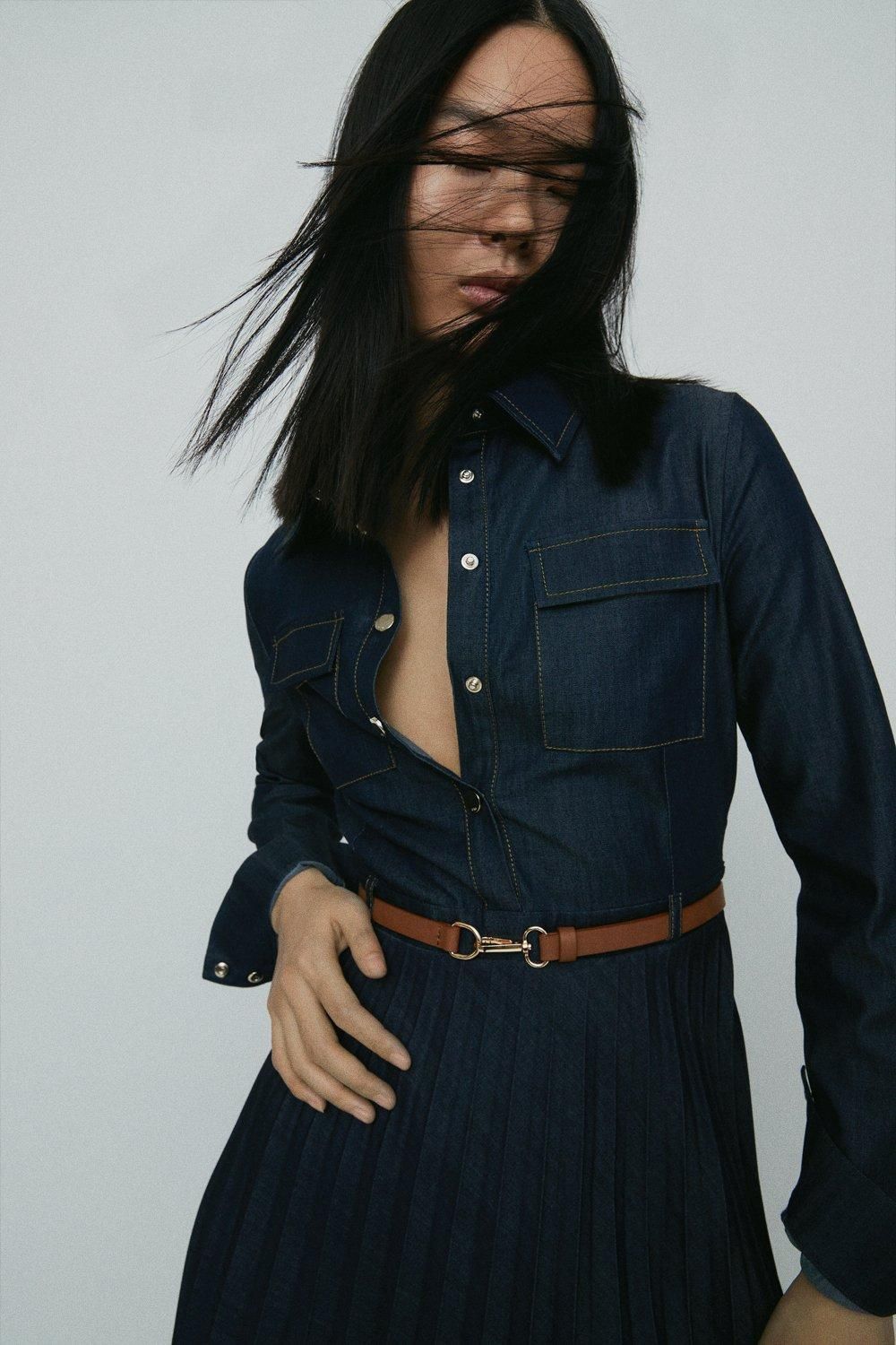 Tailored Denim Pleated Shirt Dress | Karen Millen UK & IE