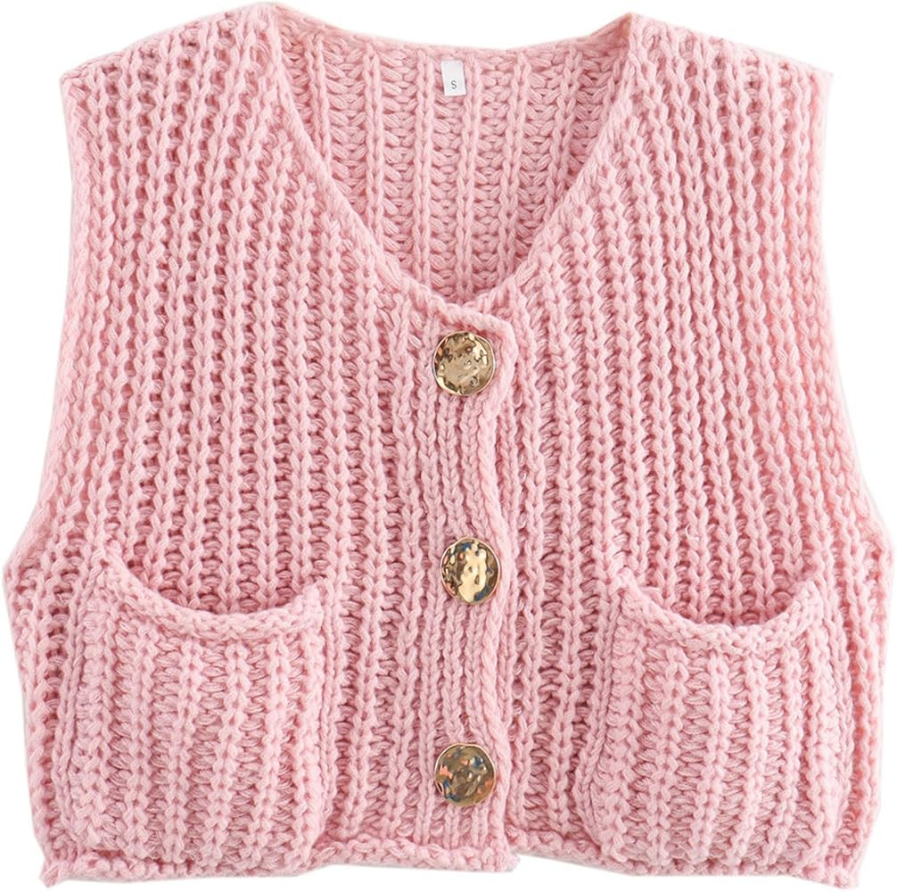 Wyeysyt Womens Sleeveless Crop Knit Cardigan Casual Button Down Cropped Knitted Sweater Vest with... | Amazon (US)
