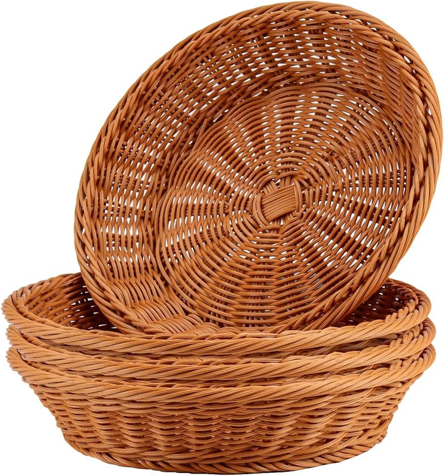 JAPCHET 4 Pack 12 Inch Round Wicker Bread Basket, Imitation Woven Rattan Fruit Basket Tabletop Fo... | Amazon (US)