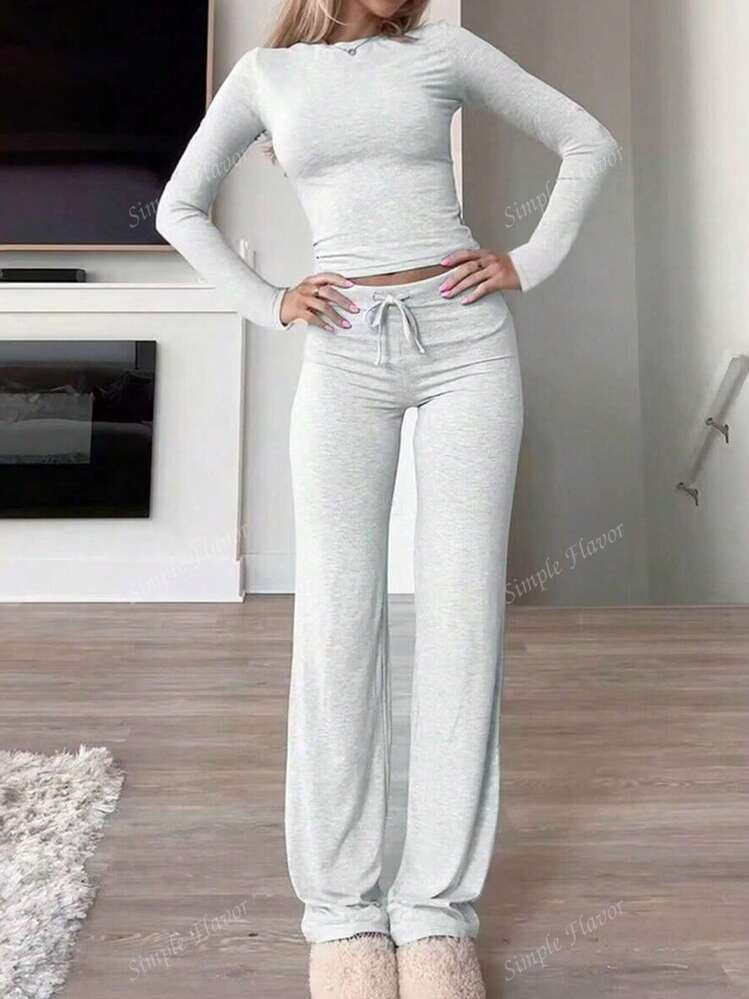 2pcs Solid Color Slim Fit Long Sleeve T-Shirt And Long Pants Suit For Women | SHEIN | SHEIN