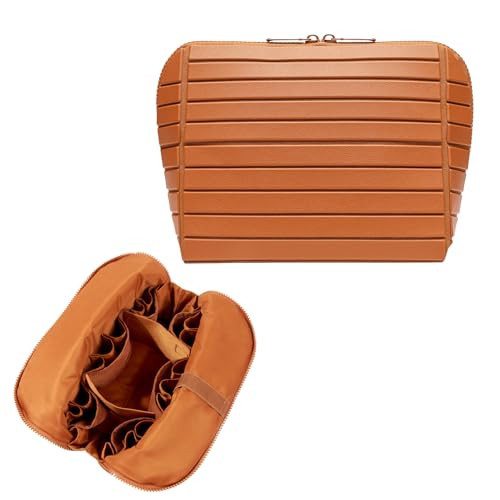 Travel Makeup Organizer Bag with Fold-Down Design and Adjustable Dividers, 27 Pockets & 3 Brush Storage Holders, Large Capacity Cosmetic Bags Toiletry Case - Brown | Amazon (US)