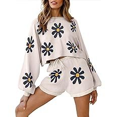 Ekouaer Knit Pajamas Set for Women Lounge Sets Long Puff Sleeve Top and Shorts 2 Piece Outfits Sw... | Amazon (US)