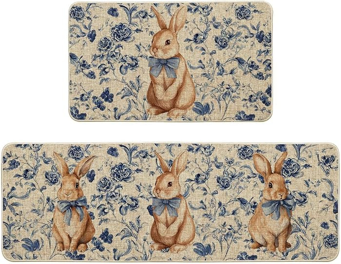 Artoid Mode Rabbit Bunny Chinoiserie Flowers Easter Kitchen Mats Set of 2, Spring Home Decor Low-... | Amazon (US)